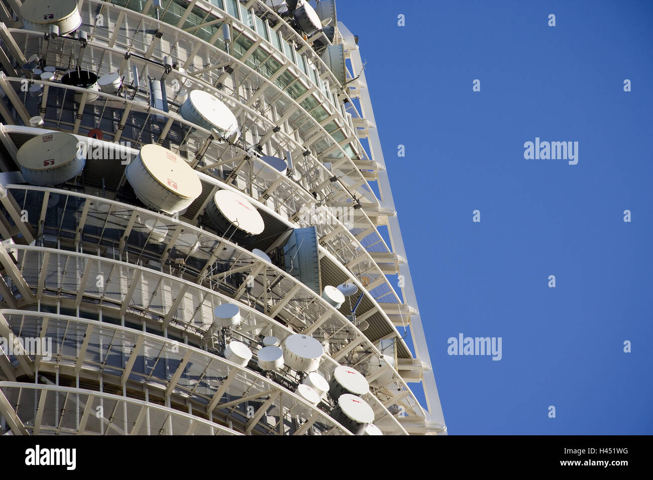 Spain, Catalonia, Barcelona, Torre de Collserola, detail, heaven, town, building, structure, architecture, tower, Tibidabo, sending tower, radio tower, television tower, observation tower, Collserola tower, transmitter, place of interest, outside, Stock Photo