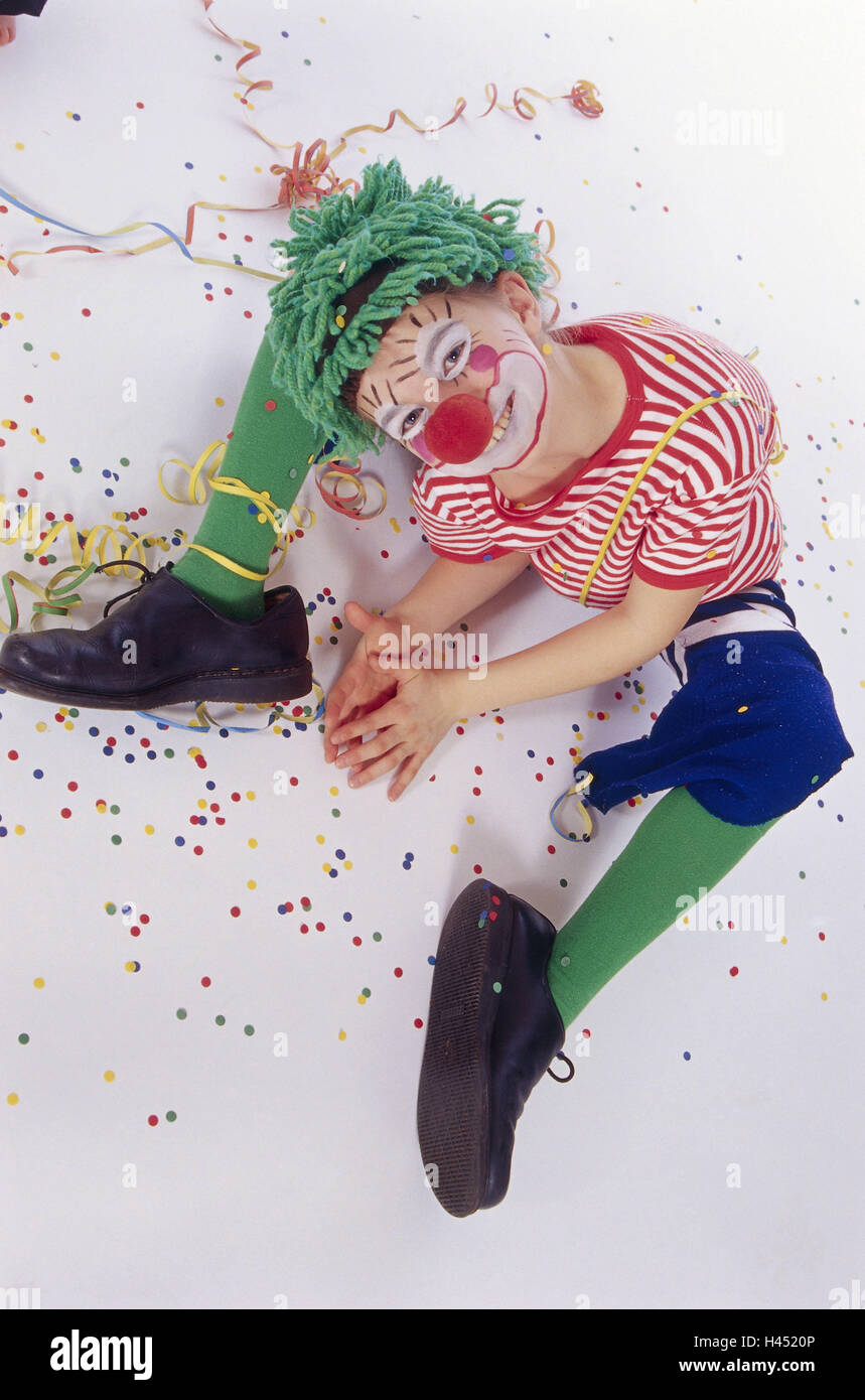 Carnival, child, disguise, costume, clown, sitting, confetti, Stock Photo