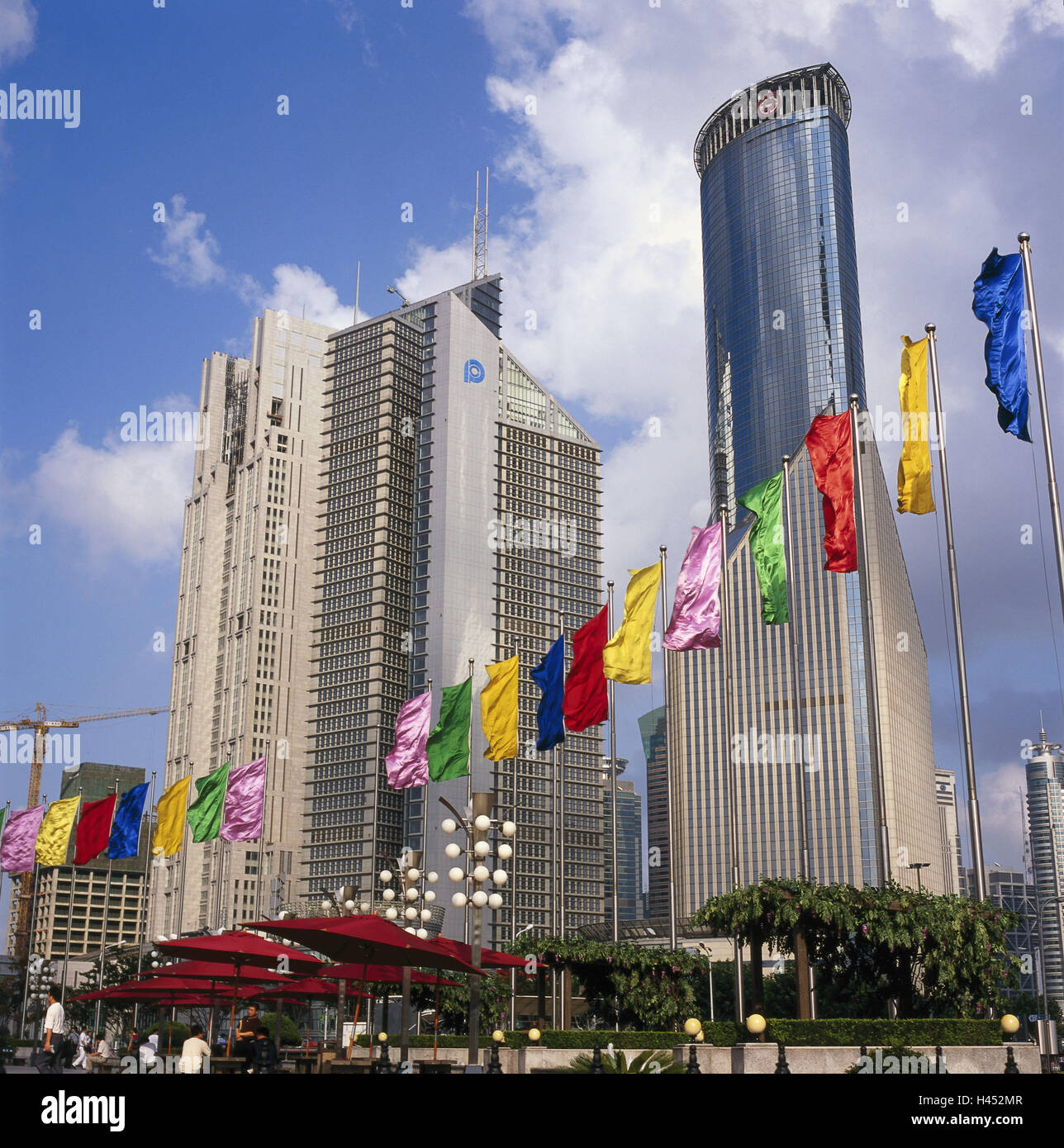 China, Shanghai, town fourth Pudong, skyscraper, street cafe, Asia, cosmopolitan city, city, town, town view, structures modern, architecture, business premises, high rises, office buildings, flags, flags, brightly, street restaurant, passer-by, Stock Photo