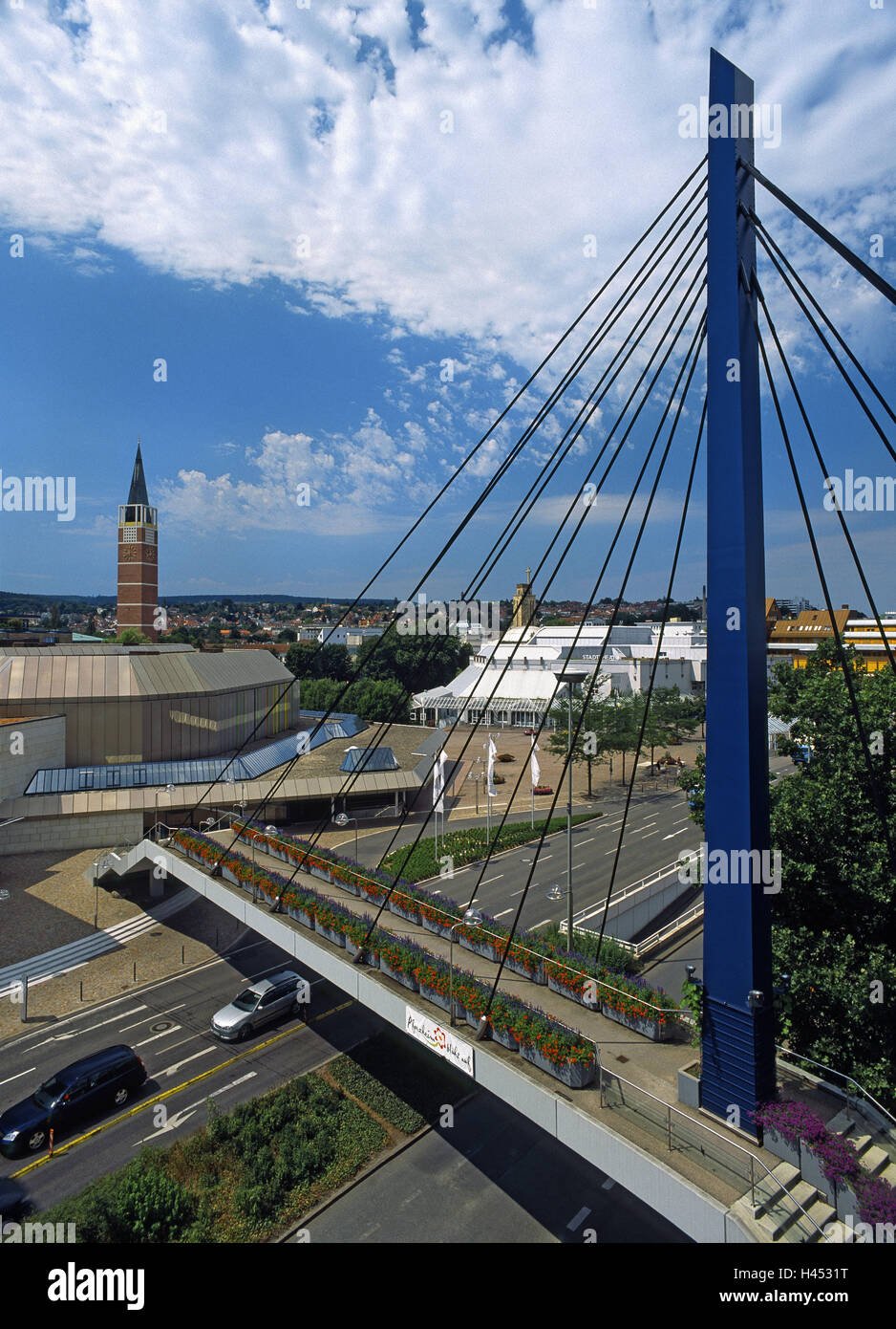 Germany, Baden-Wurttemberg, Pforzheim, town view, Gernikabrücke, Black Forest, townscape, houses, buildings, church, town church, municipal theatre, street, traffic, bridge, footbridge, suspension bridge, place of interest, cloudy sky, destination, tourism, Stock Photo