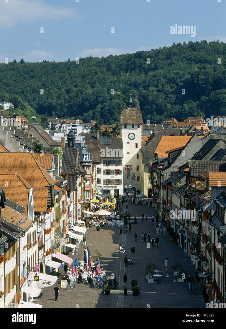 Germany, Baden-Wurttemberg, forest hat-Tiengen, pedestrian area, town goal, Black Forest, forest hat, Kaiserstrasse, Old Town, houses, buildings, goal tower, structure, architecture, place of interest, person, tourist, town stroll, street cafe, destination, tourism, Stock Photo