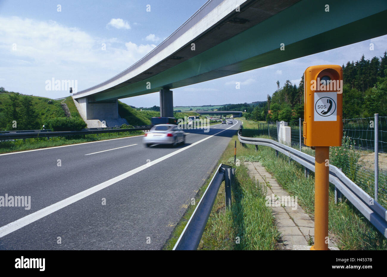 Germany, Bavaria, court in the hall, interchange A72 / A93, emergency call pillar, Upper Franconia, traffic route, street, highways, Autobahndreieick, pavements, lanes, bridge, highway bridge, traffic, cars, vehicles, drive, drive past, roadside, orange, signal colour, pavement margin, emergency, rescue, cry for help, help, call pillar, nobody, scenery, outside, Stock Photo