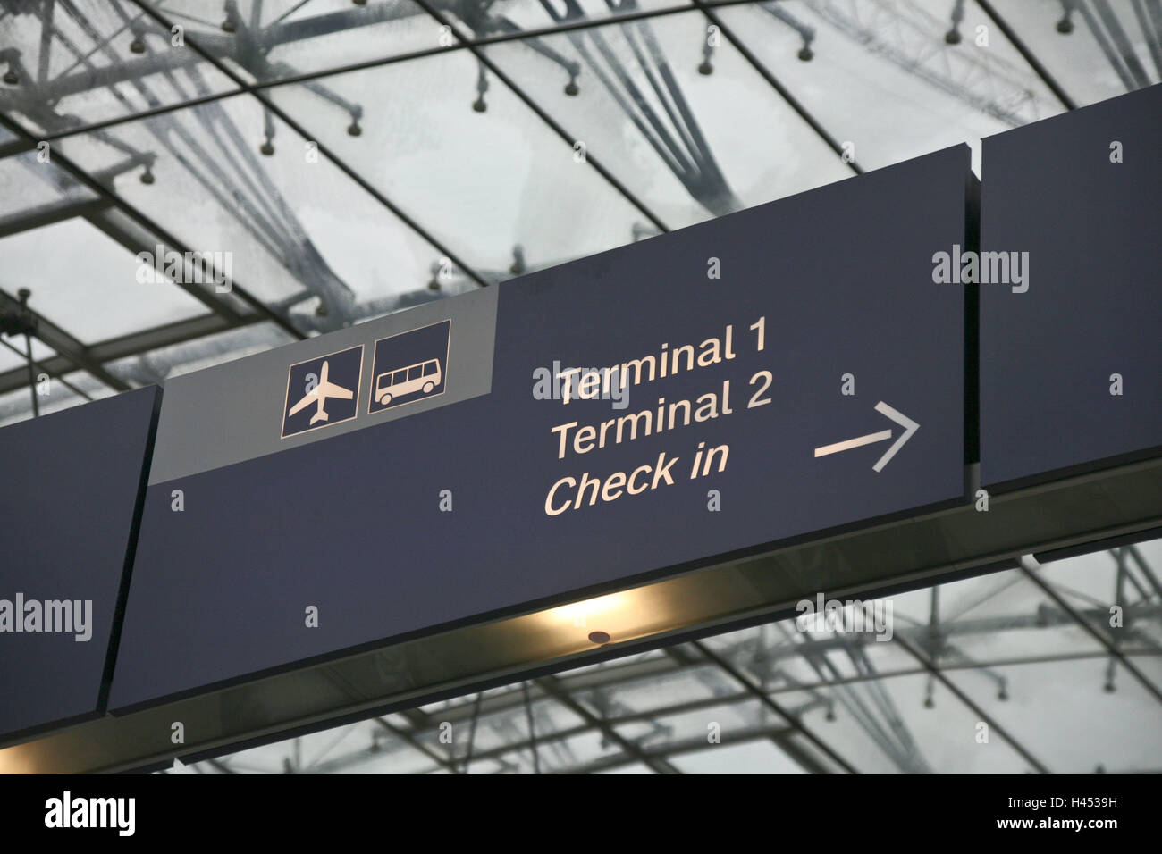 Germany, Hessen, Frankfurt on the Main, airport, sign, terminal, check in, sign, blue, tip, information, arrow, direction, direction the arrow, on the right, traffic, travel, tourism, vacation, orientation, Stock Photo