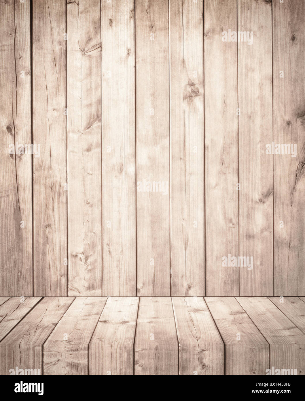Brown dark grunge wooden wall with shelves Stock Photo