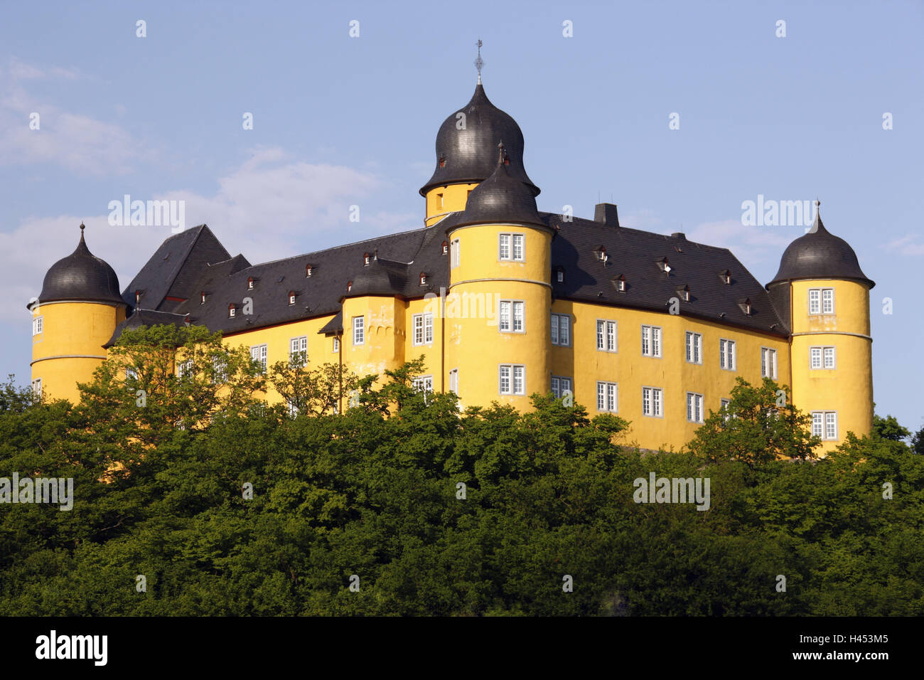 Germany, Rhineland-Palatinate, Montabaur, lock, castle, baroque, architectural style, place of interest, landmark, destination, architecture, trees, summers, outside, tower, castle tower, yellow, Stock Photo