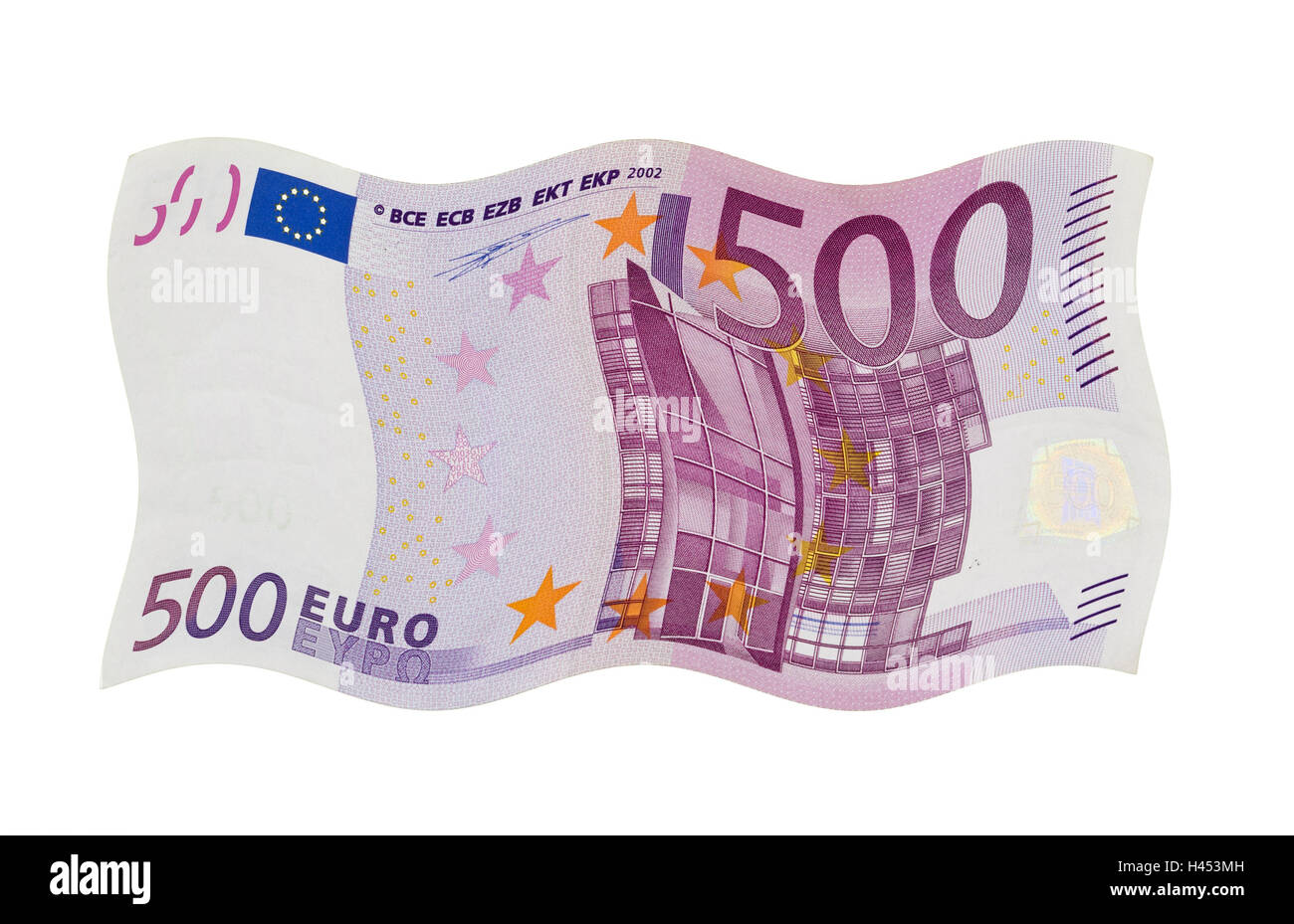 Fünfhundert euro banknote, distorts, corrugatedly, 500, 500, money, cash, light, banknote, euro, eurolight, foreign currency, save, savings, saved, studio, product photography, cut out, Stock Photo