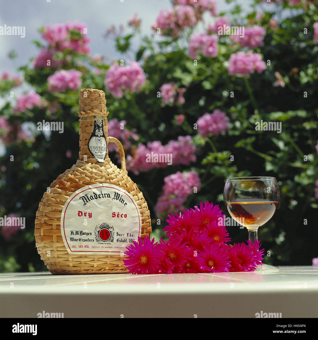 Portugal, island Madeira, demijohn, glass, wine, blossoms, destination, speciality, drink