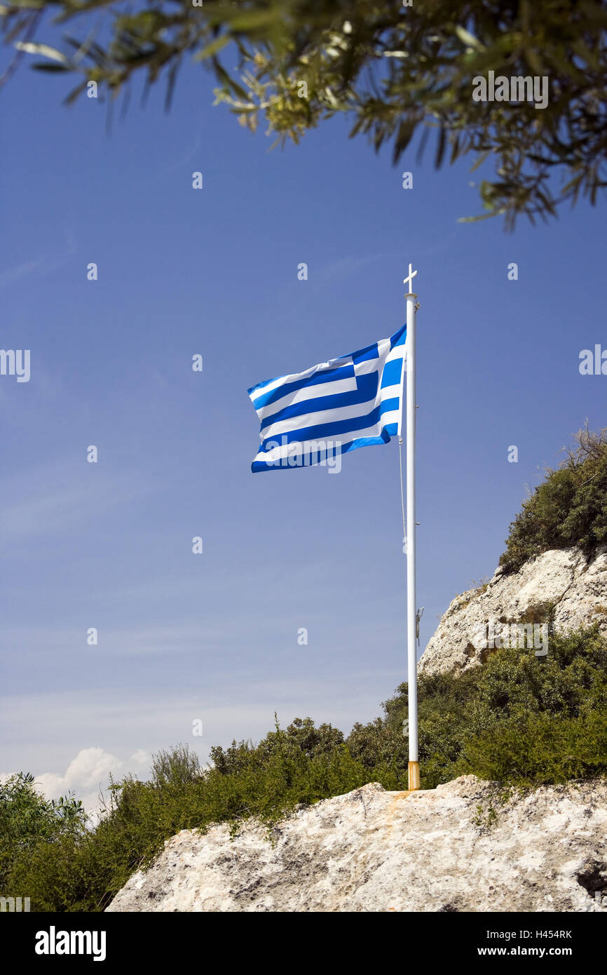 Cyprus, Pissouri, bile hill, national flag, in Greek, Stock Photo