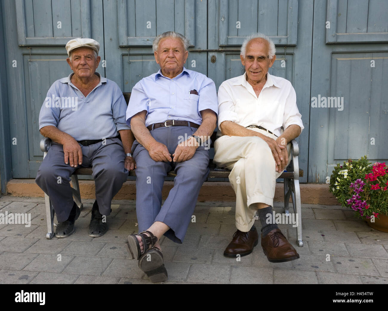 Cyprus, Greek, Nicosia, Bench, seniors, three, sitting, Stock Photo