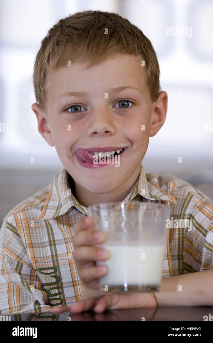 Boy, smile, lacteal glass, hold, lacteal beard, lick off, portrait, Stock Photo