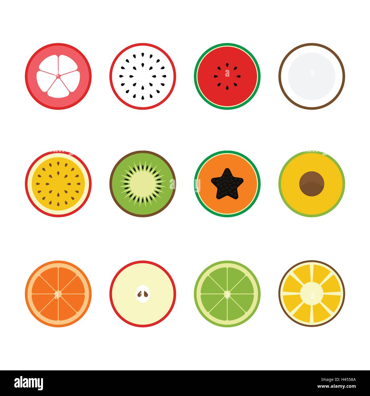 Fruit icon set flat design, slice half, vector illustration Stock ...