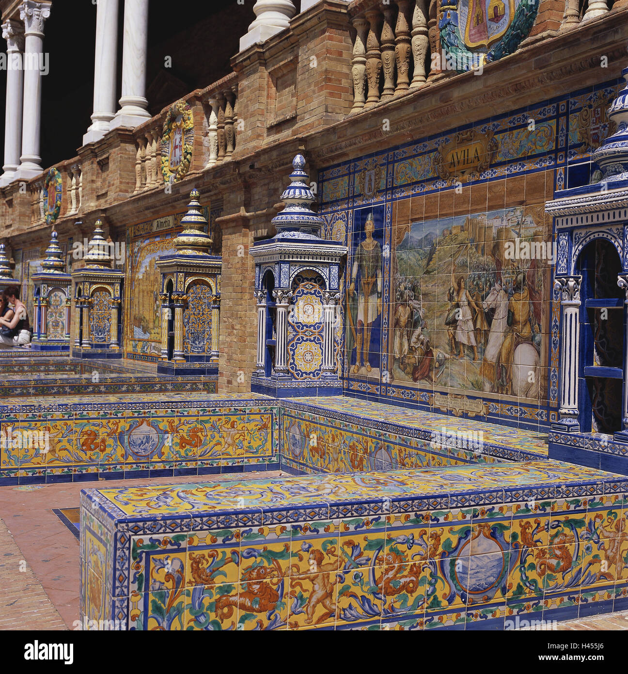 Spain, Andalusia, Seville, plaza Espana, building, semicircle, Azulejos, Europe, town, destination, place of interest, space, architecture, outside, people, tourism, pillars, Mosaike, tile pictures, tiles, tile pictures, tiles, paints, painting, pictures, typically for country, Stock Photo