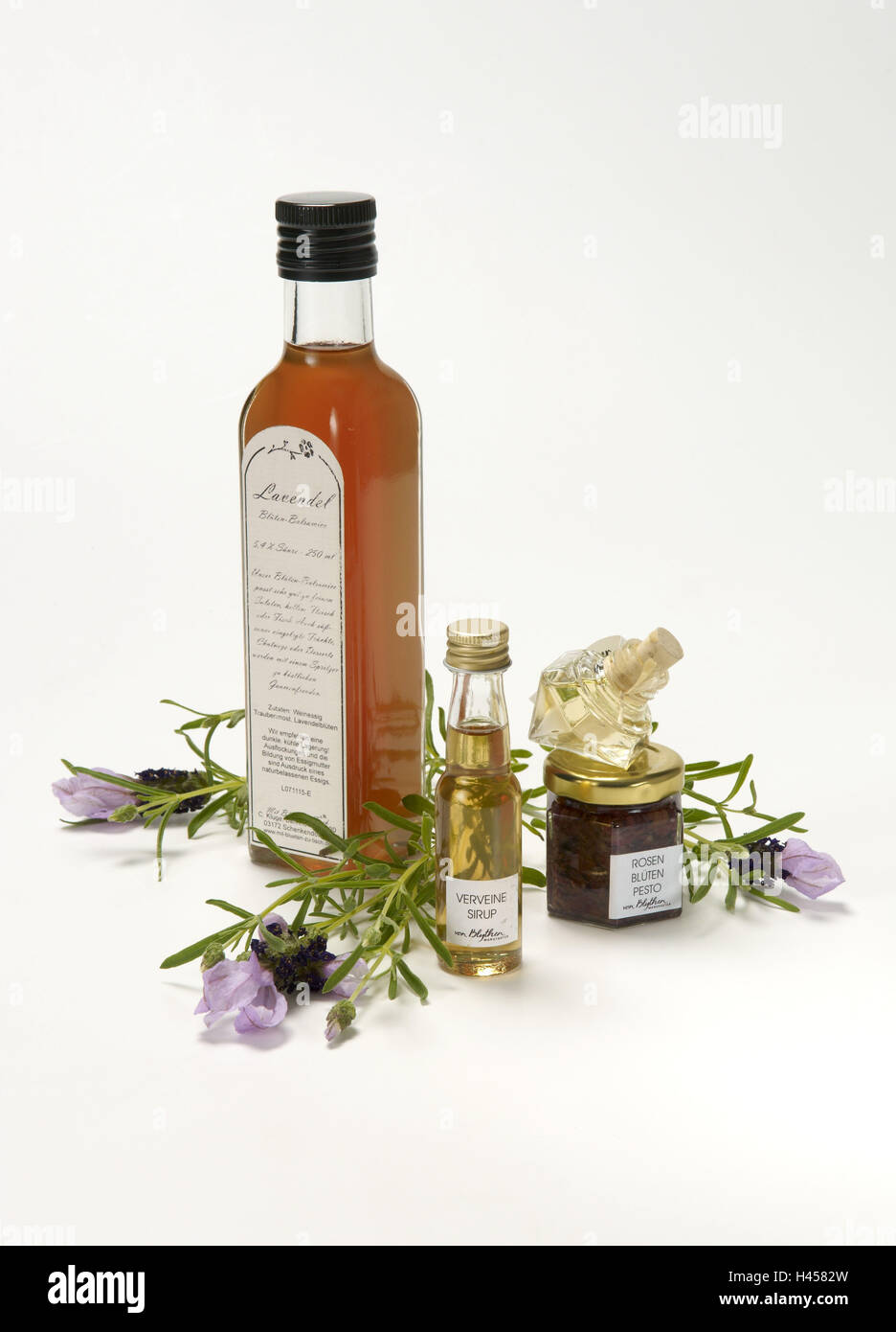 Lavender blossom vinegar, syrup, pesto, small bottle, lavender, Stock Photo