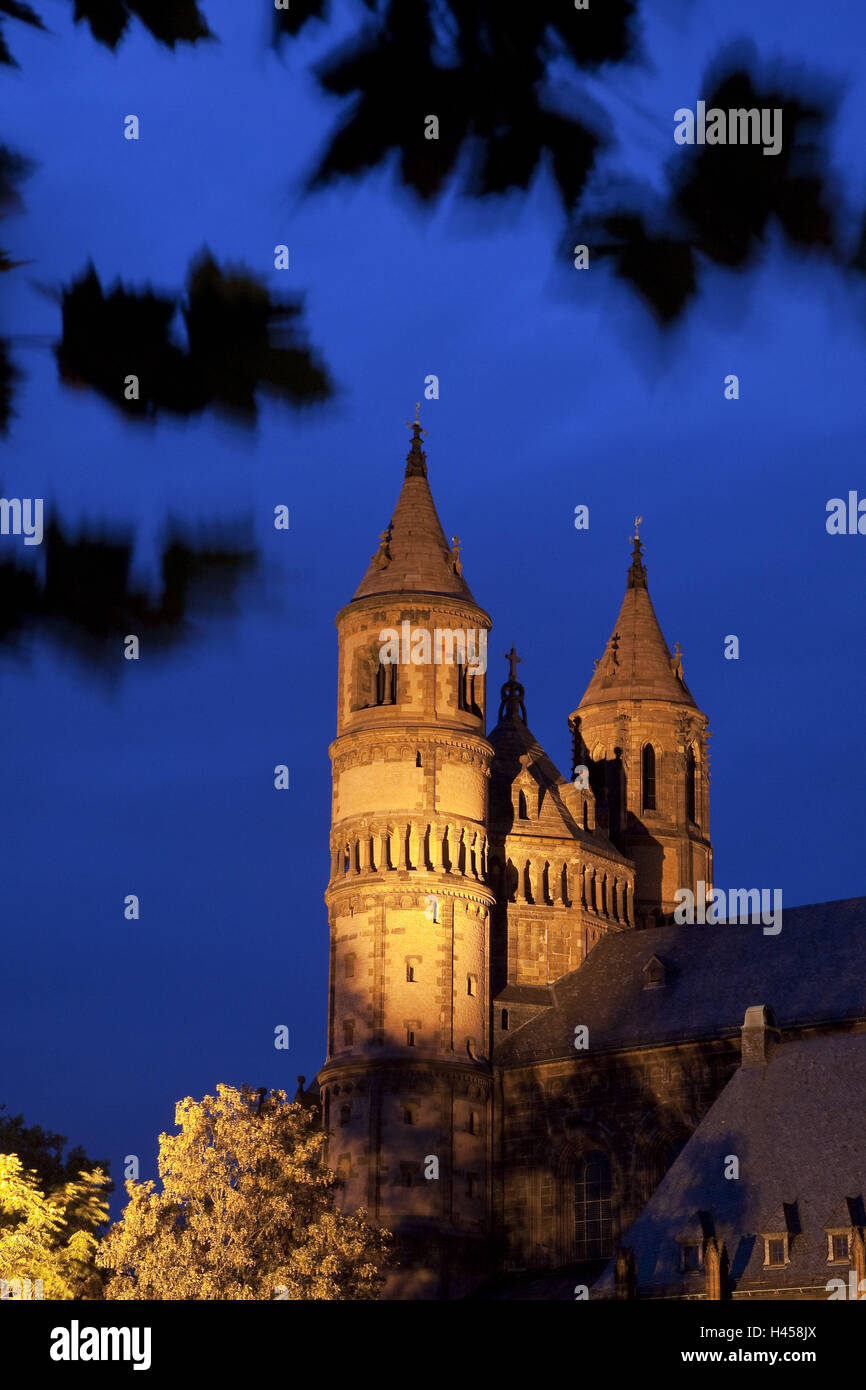 Europe, Germany, Rhineland-Palatinate, Worms, cathedral piece Peter, evening, illuminateds, Stock Photo