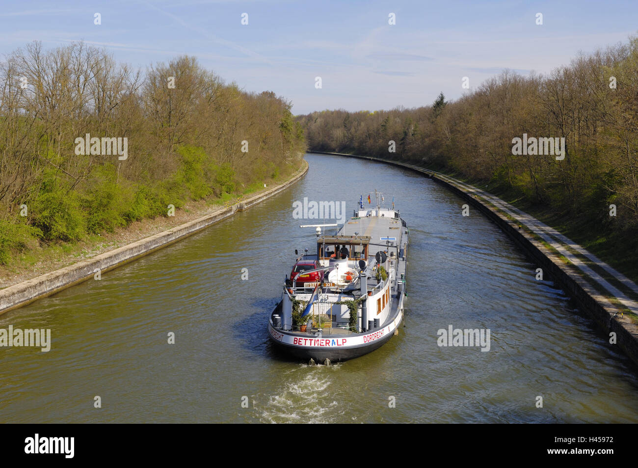 Germany, Bavaria, Lower Franconia, Main channel, ship, trees, waters, river, the Main, spring, scenery, Blank, Main channel, navigation, transport, means transportation, water, waterway, ship traffic, economy, water channel, Volkach, freighter, freighter, Stock Photo