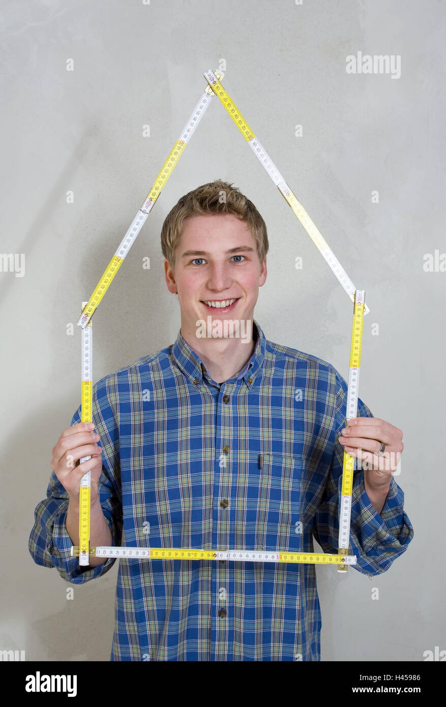 Man, young, gesture, folding rule, house form, see through, icon, do it