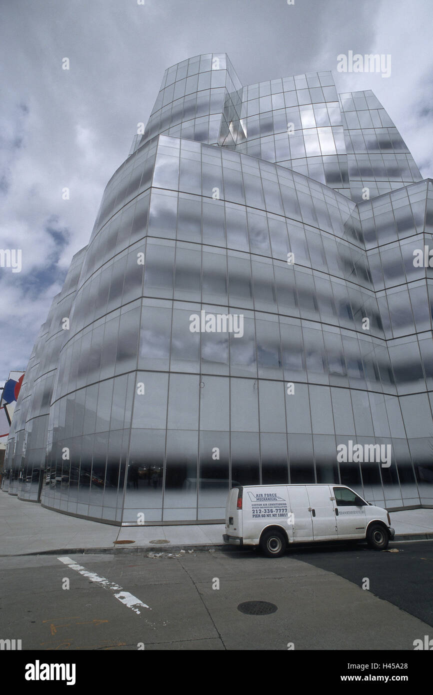 The USA, New York city, Manhattan, IAC Building, North America, town, city, building, architecture, modern, office building, high rise, glass front, cloudies, delivery vans, outside, Stock Photo