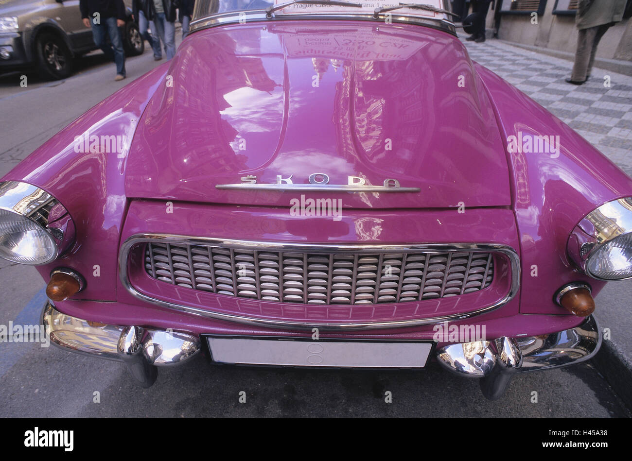 Czechia, Prague, old-timer, Skoda, Octavia, pink, detail, collector's item, car, vehicle, restores, conspicuously, bonnet, stroke, lights, chrome, Stock Photo