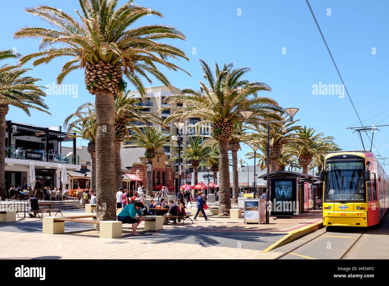 The tram at 'Moseley Square' Glenelg, South Australia's most popular seaside entertainment area. Stock Photo
