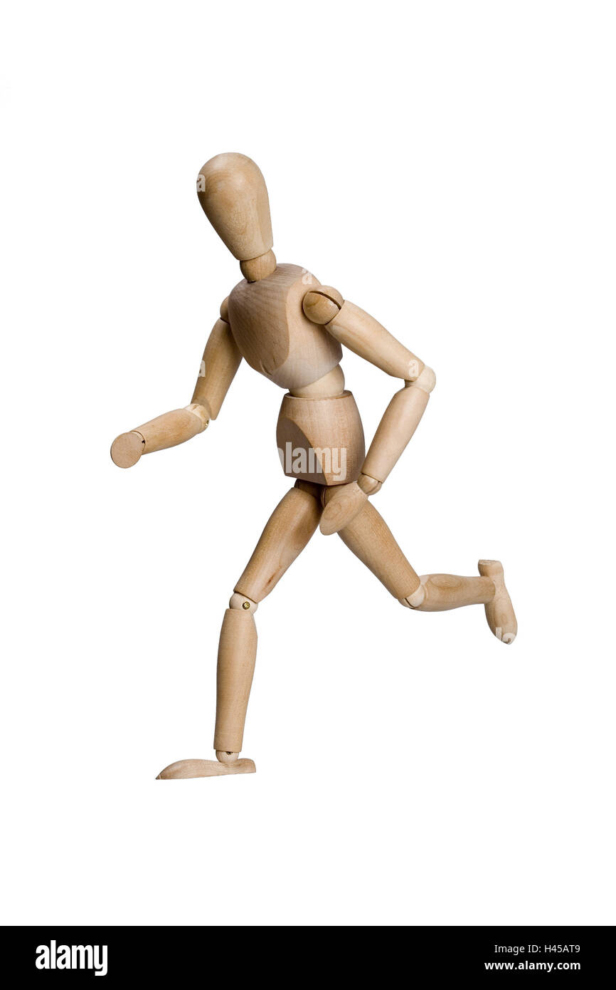 Gliederpuppe, symbol, running, series, artist-doll, doll wood-doll figure pose concept, endurance run, rush, locomotion, hastily, rushes, jogs, runs studio, still life, cut-out, Stock Photo