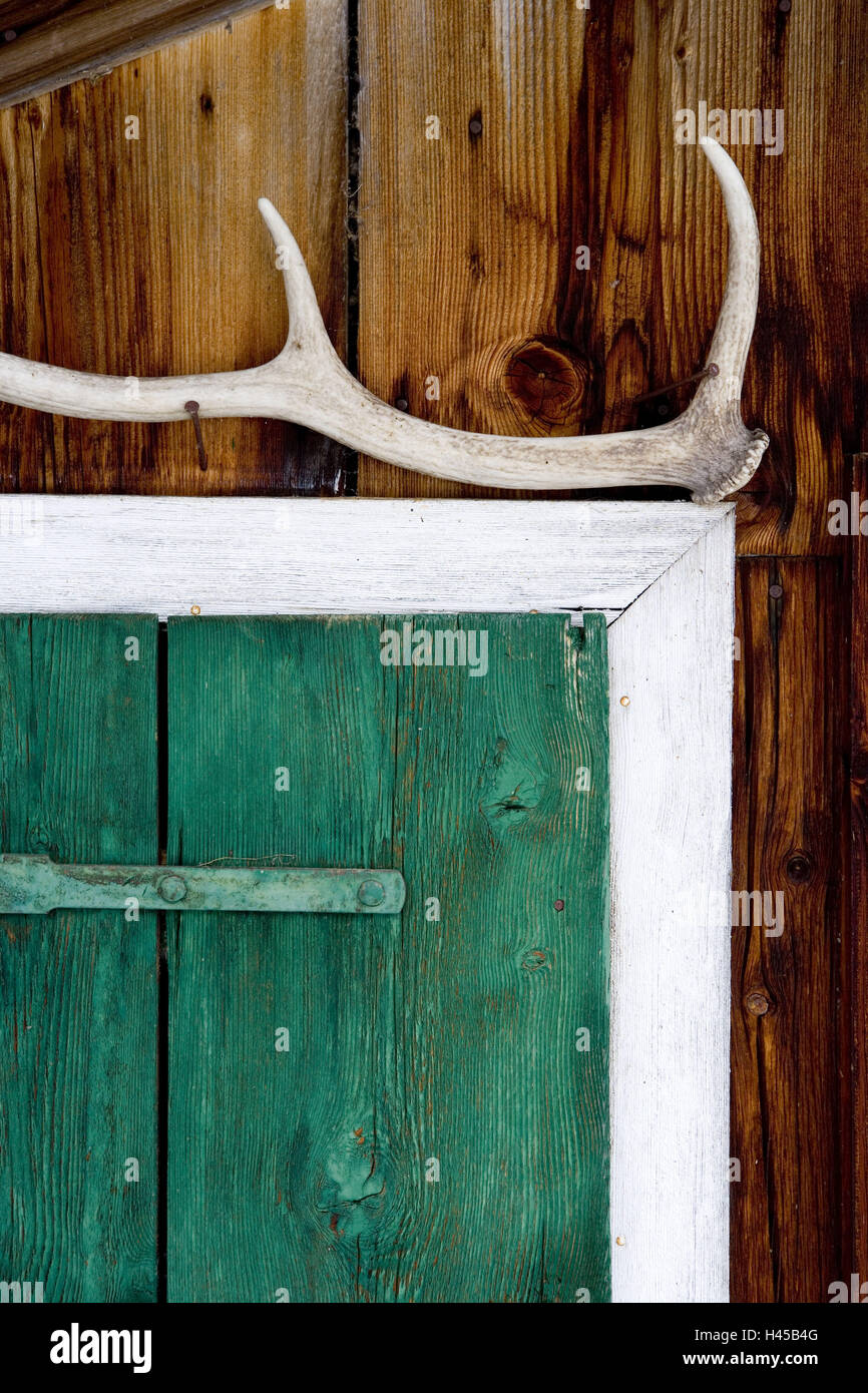 Chalet, detail, windows, shutter, green, closed, stag horn, Stock Photo