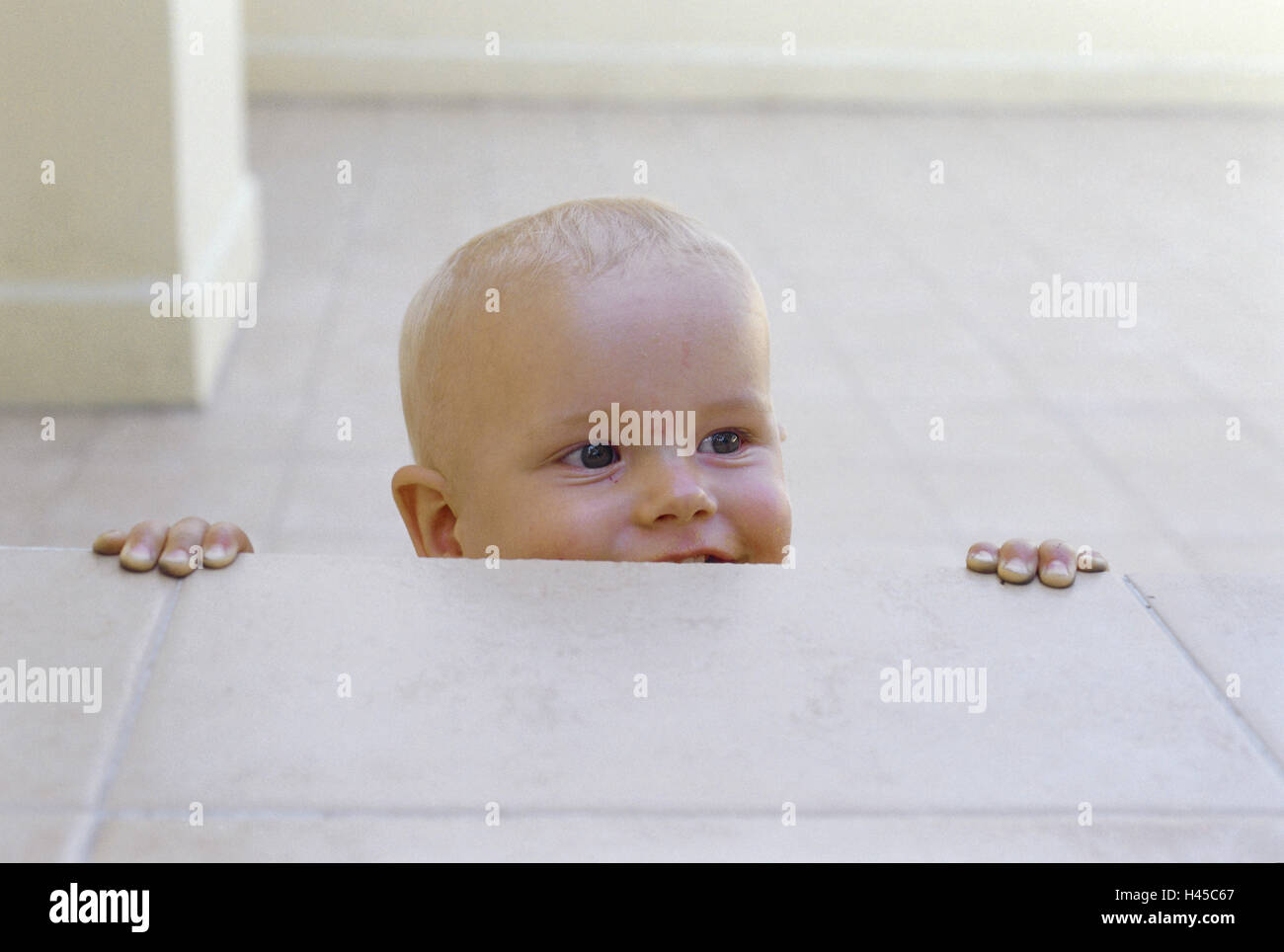 Baby, boy, smile, pull up edge, people, child, infant, blond, happily, pride, cheeky, childhood, child portrait, rogue, nicely, copy space, finger, development, Stock Photo