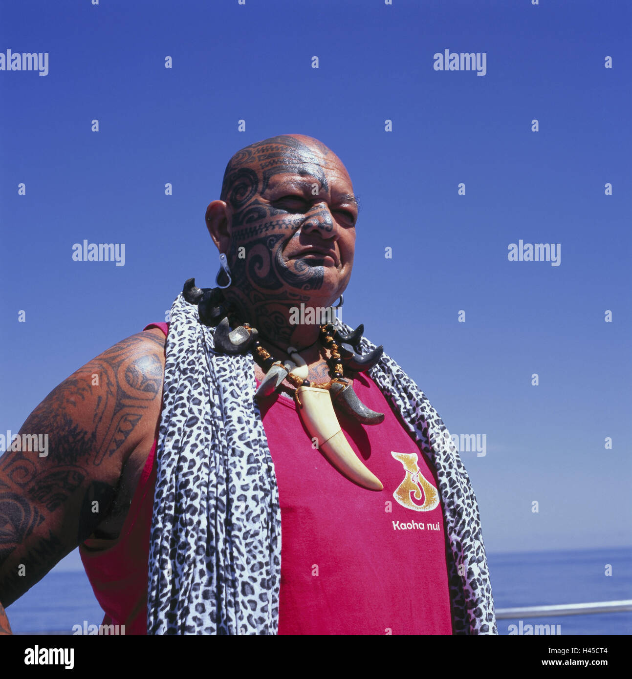 French Polynesia, Ua Pou, man, portrait, person, local, dark-skinned, Polynesian, tattoos, neck jewellery, tradition, typically for country, Stock Photo