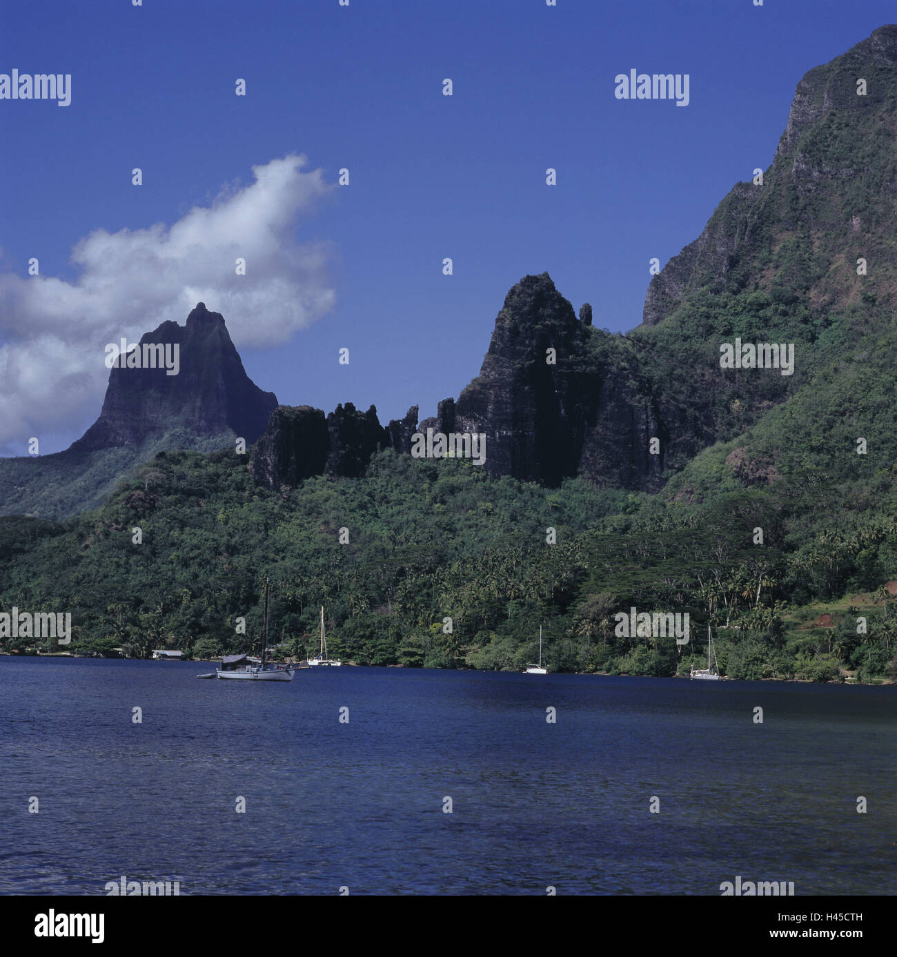 French Polynesia, Moorea, Baia Tu Cook, island, coast, coastal scenery, sea, sailboats, destination, tourism, mountains, mountains, Stock Photo