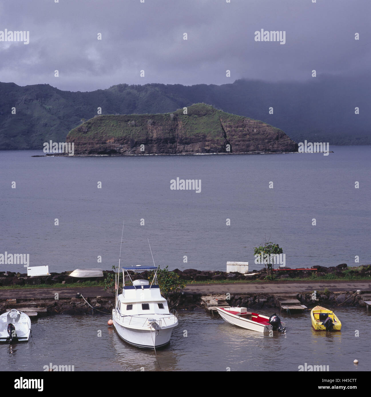French Polynesia, Hiva Oa, Tahauku, harbour, harbour basin, motorboats, invest, destination, tourism, bay, sea, Stock Photo
