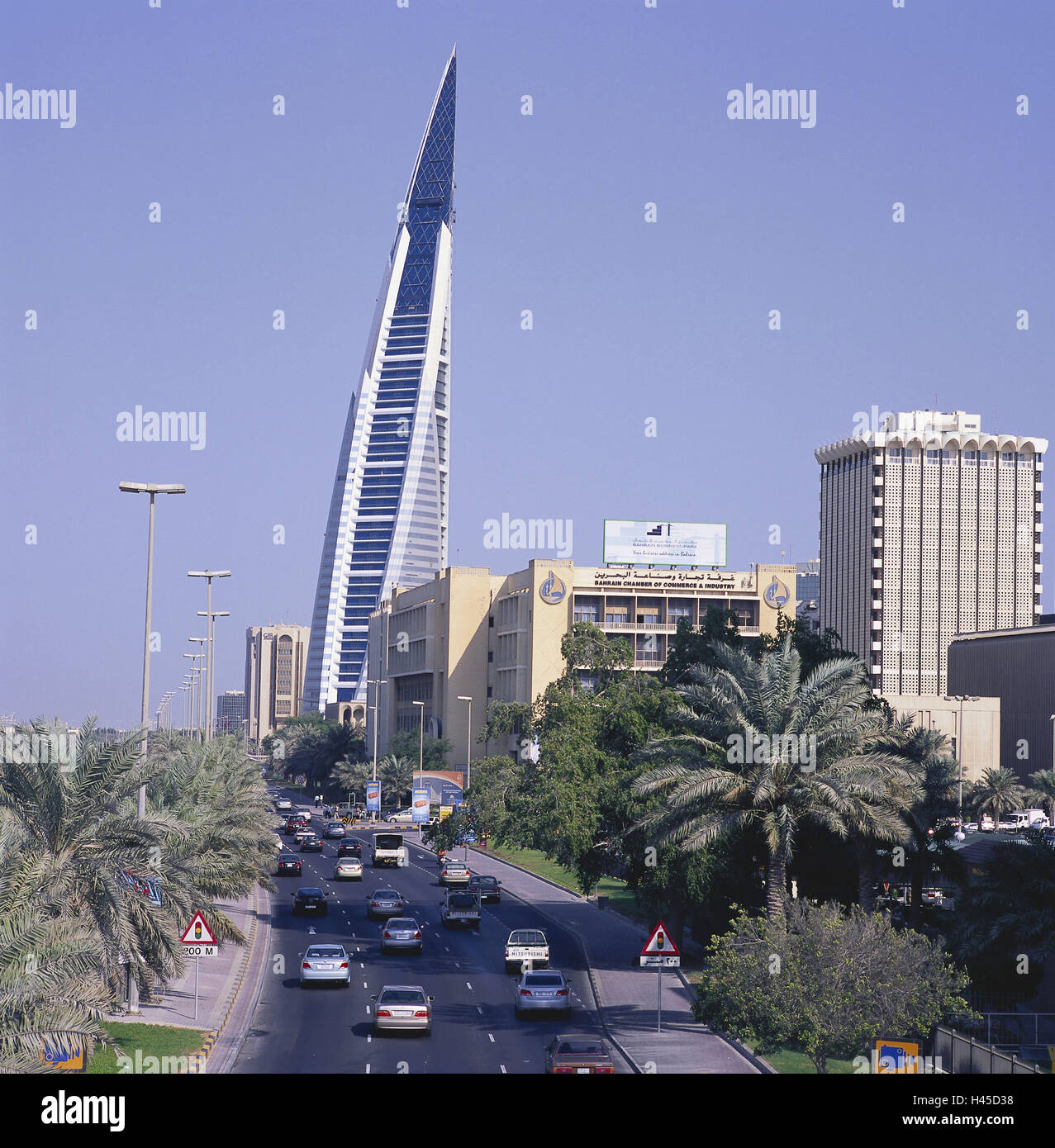 Bahrain, island Manamah, Manama, town view, World Trade centre, island state, sheikdom, destination, town, capital, building, structure, architecture, business premises, skyscraper, facade, glass front, architecture, heaven, cloudless, street, traffic, cars, palms, Stock Photo