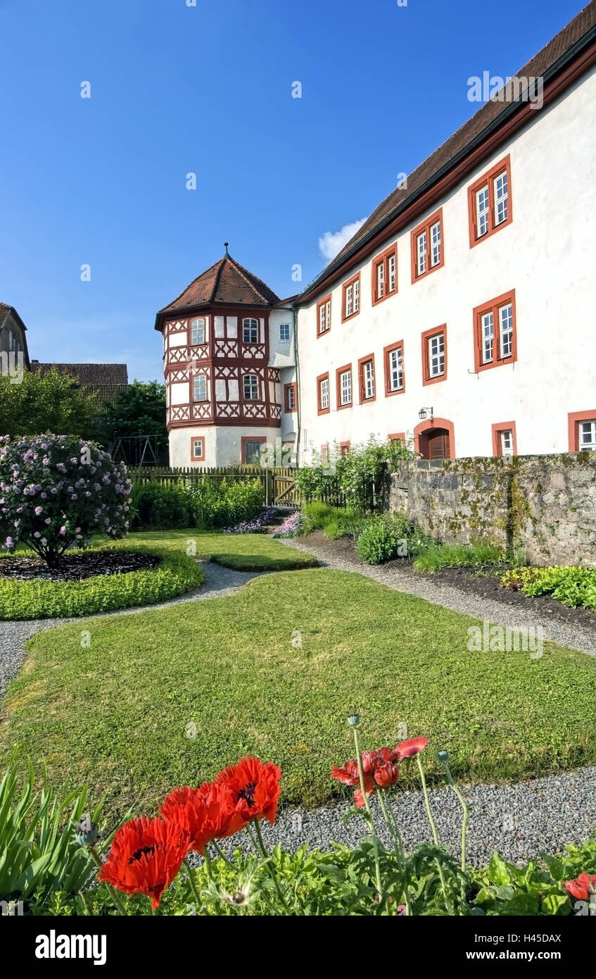 Germany, Hessen, Tann, lock, garden, town, Rhön, building, architecture, half-timbered, tower, castle garden, medievally, historically, half-timbered house, facade, yellow, court, park, defensive wall, stone defensive wall, nobody, sunshine, Stock Photo