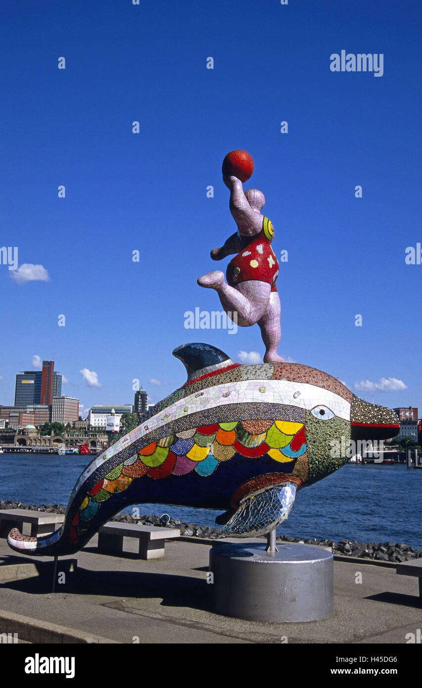 Germany, Hamburg-Steinwerder, the Elbe, harbour, dolphin's figure, Hamburg, part town, Steinwerder, Elbufer, stone benches, concrete benches, saddles, culture, art, St. art, women's figure, dolphin, figure, sculpture, 'Nana', Nana sculpture, plastic, brightly, mosaic, ball, tourism, place of interest, St. art, Elbpanorama, town view, sunshine, shade, Stock Photo