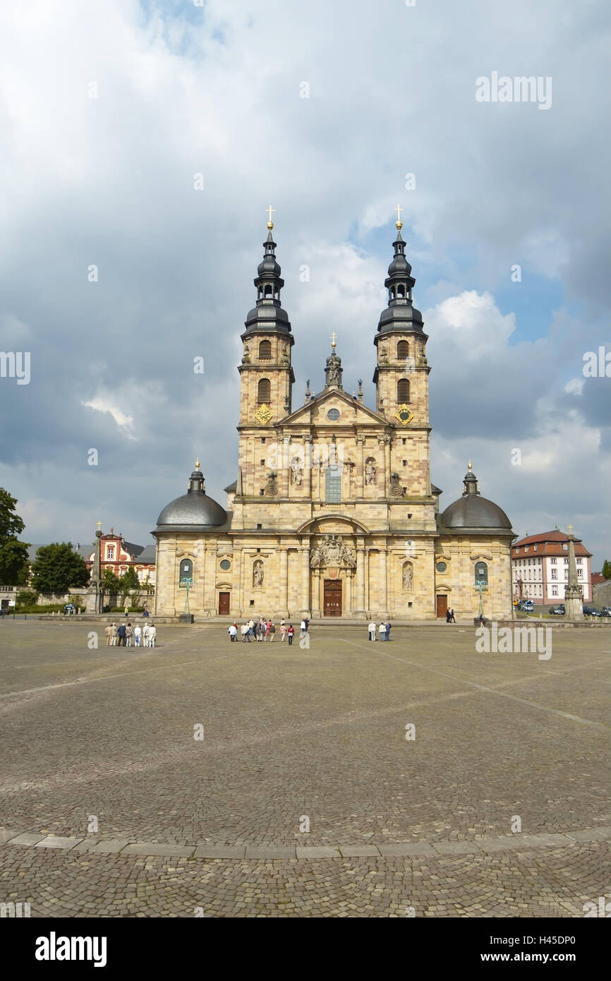 Germany, Hessen, Fulda, cathedral piece Salvator, space, tourist, cathedral, Domplatze, church, Kathedralkirche, tomb church, church, main portal, facade, steeples, towers, two, architecture, outside, medievally, historically, people, tourist group, religion, faith, place of interest, cloudy sky, Stock Photo