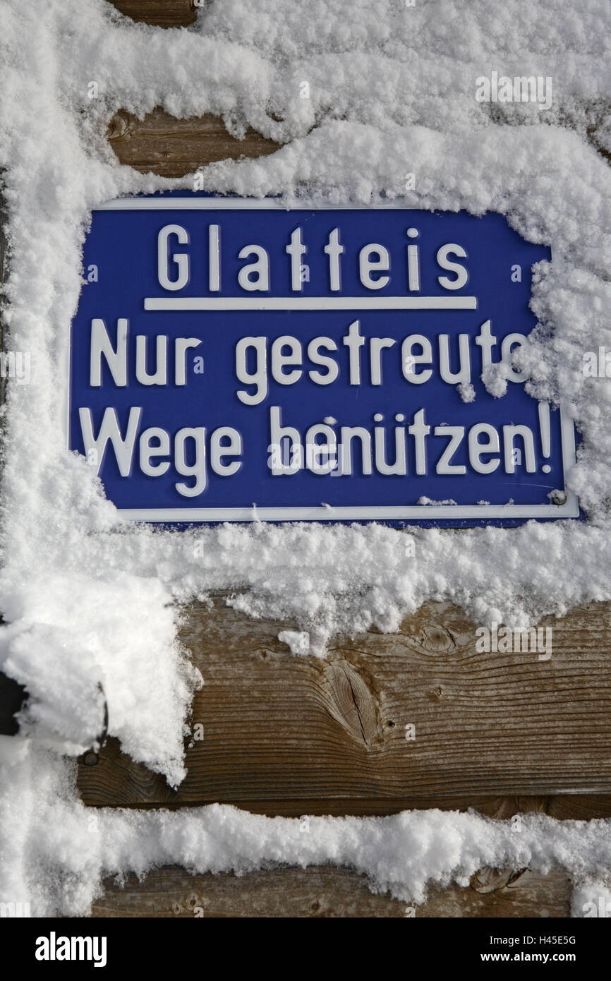 Germany, Bavaria, Garmisch-Partenkirchen, Wetterstein Range, Zugspitze, danger sign, 'black ice', snow, South Germany, Upper Bavaria, Werdenfels, mountains, alps, winters, tip, sign, blue, cold, icon, slide danger, injury danger, fall danger, smoothness, icily, security, warning, sign, snow-covered, Stock Photo