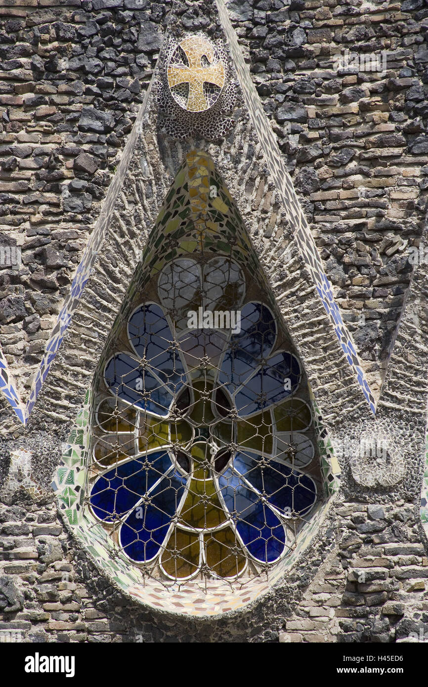 Spain, Santa Coloma de Cervello, crypt, coloured glass window, drop-shaped, detail, Stock Photo