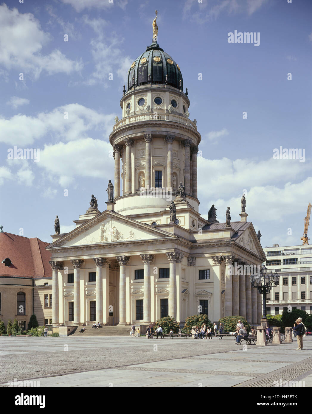 Germany, Berlin, gendarme's market, French cathedral, monument, tourist, Europe, town, capital, dome tower, tower, dome, structure, architecture, landmark, place of interest, destination, tourism, church, sacred construction, church, architecture, outside, people, tourists, tourism, faith, religion, Christianity, Stock Photo