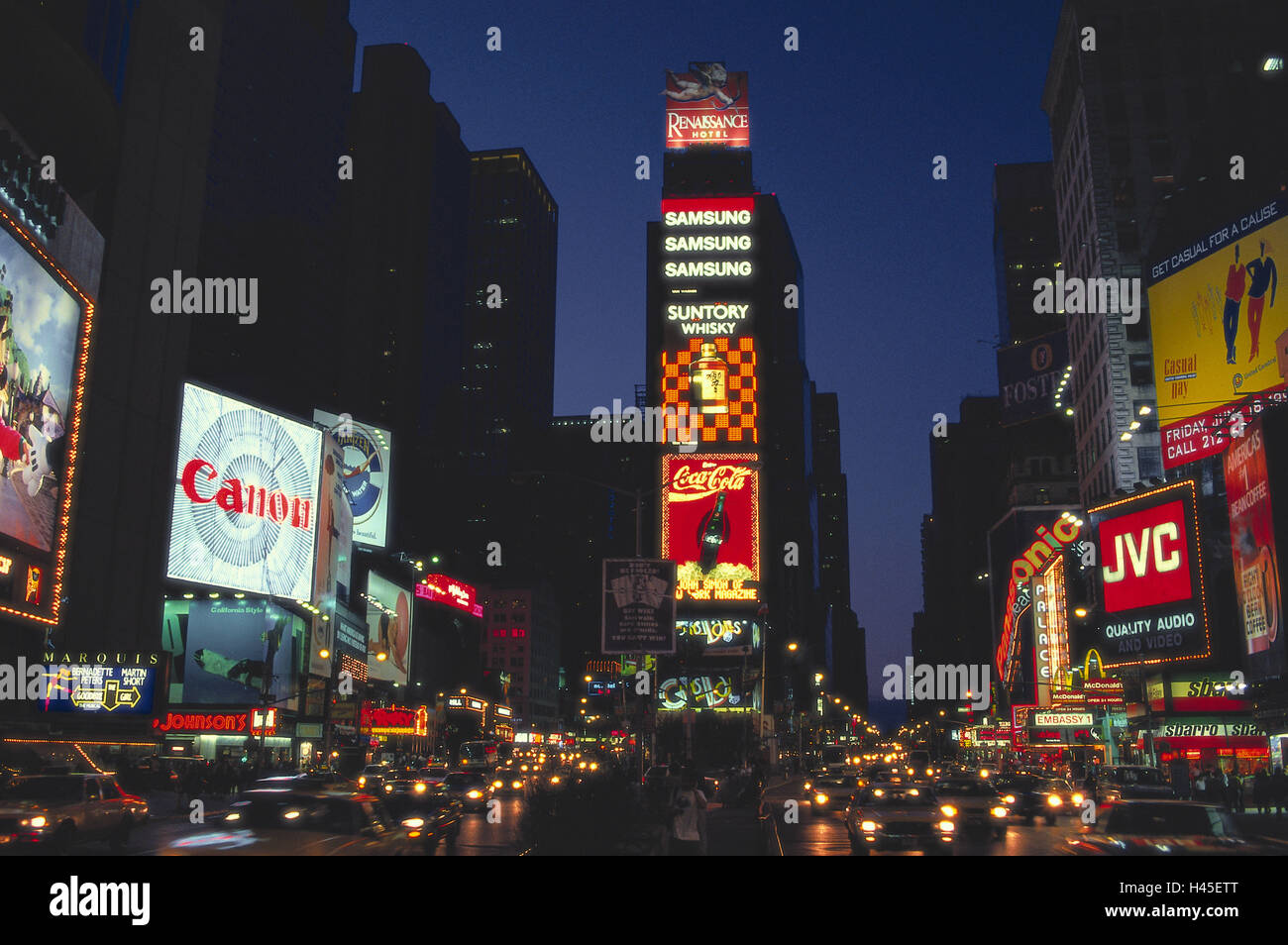 The USA, New York city, Times Square, night, Broadway, Manhattan, building, neon lights, advertisement, luminous advertisement, cars, traffic, traffic, town traffic, metropolis, place of interest, tourism, outside, Stock Photo