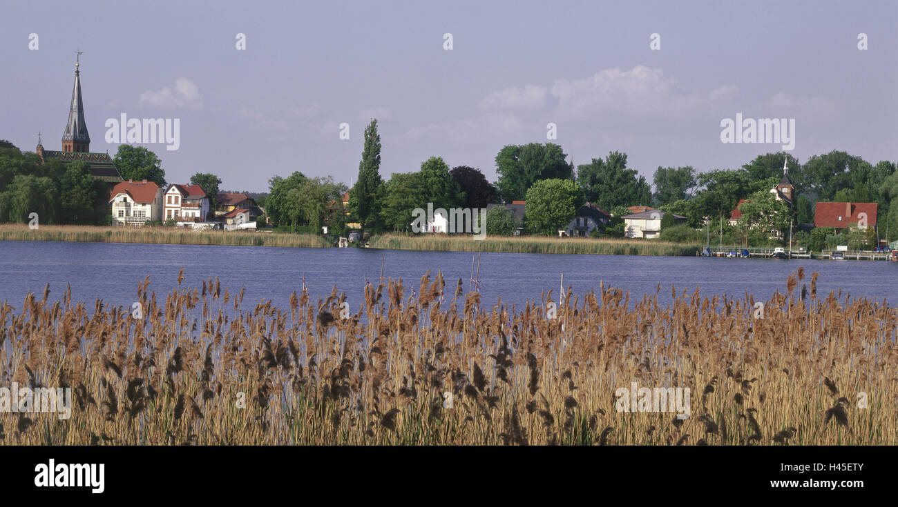 Germany, Brandenburg, Geltow, local view, river Havel, Schwielowsee, district, church, steeple, houses, architecture, riverside, grass, reed, water, boots, summers, outside, deserted, Stock Photo