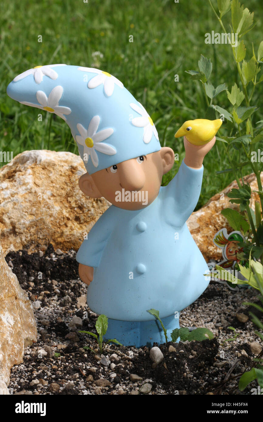 Garden, patch, figure, dwarf, bird, hold, only editorially, unusually, atypical, garden figure, garden gnome, light blue, floral design, flower sample, little bird, stones, ground, plants, outside, decoration, garden decoration, in of a kitschy way, Stock Photo