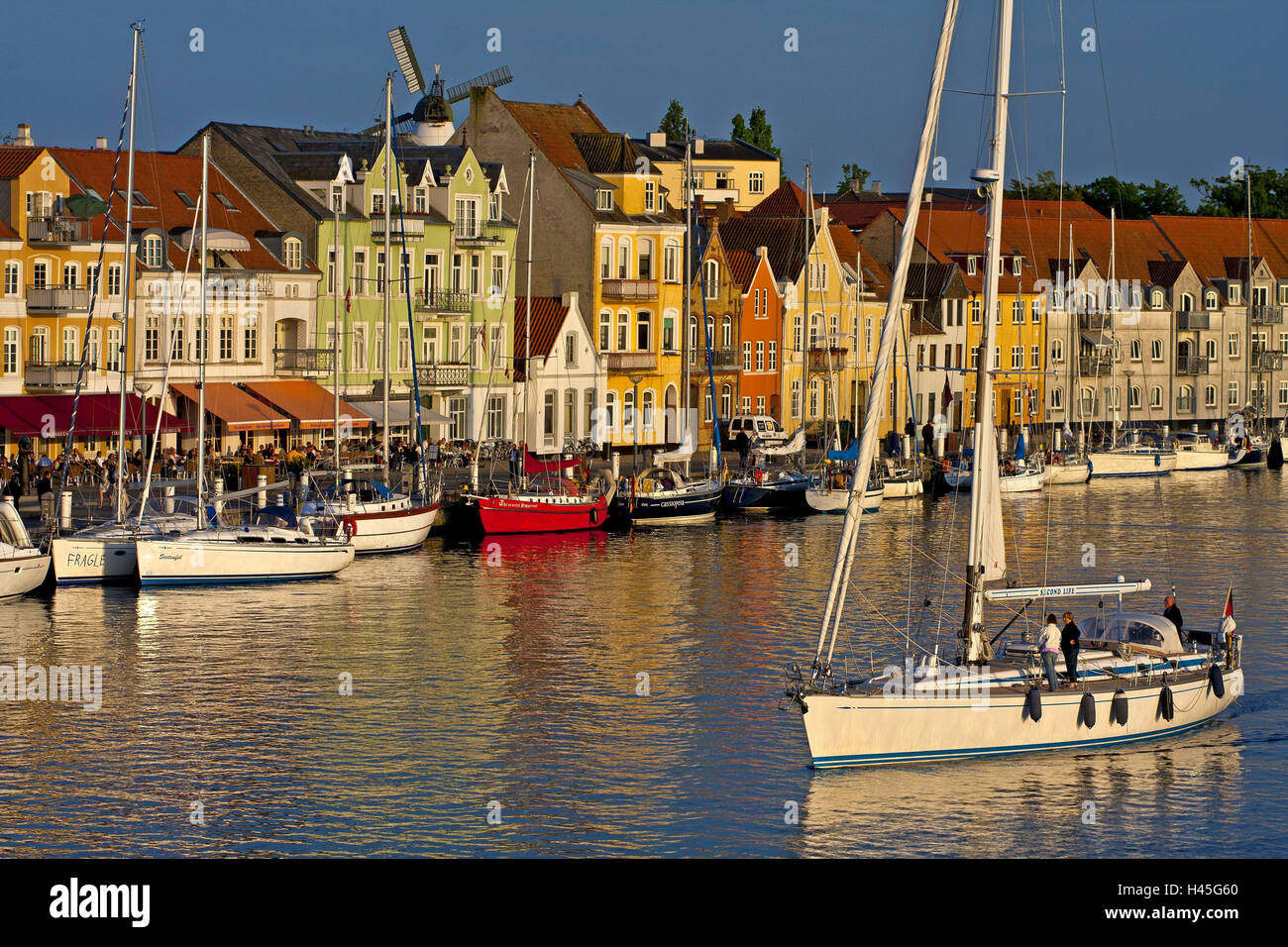 Denmark, Jutland, Soenderborg, harbour front, house facades, boots, Stock Photo