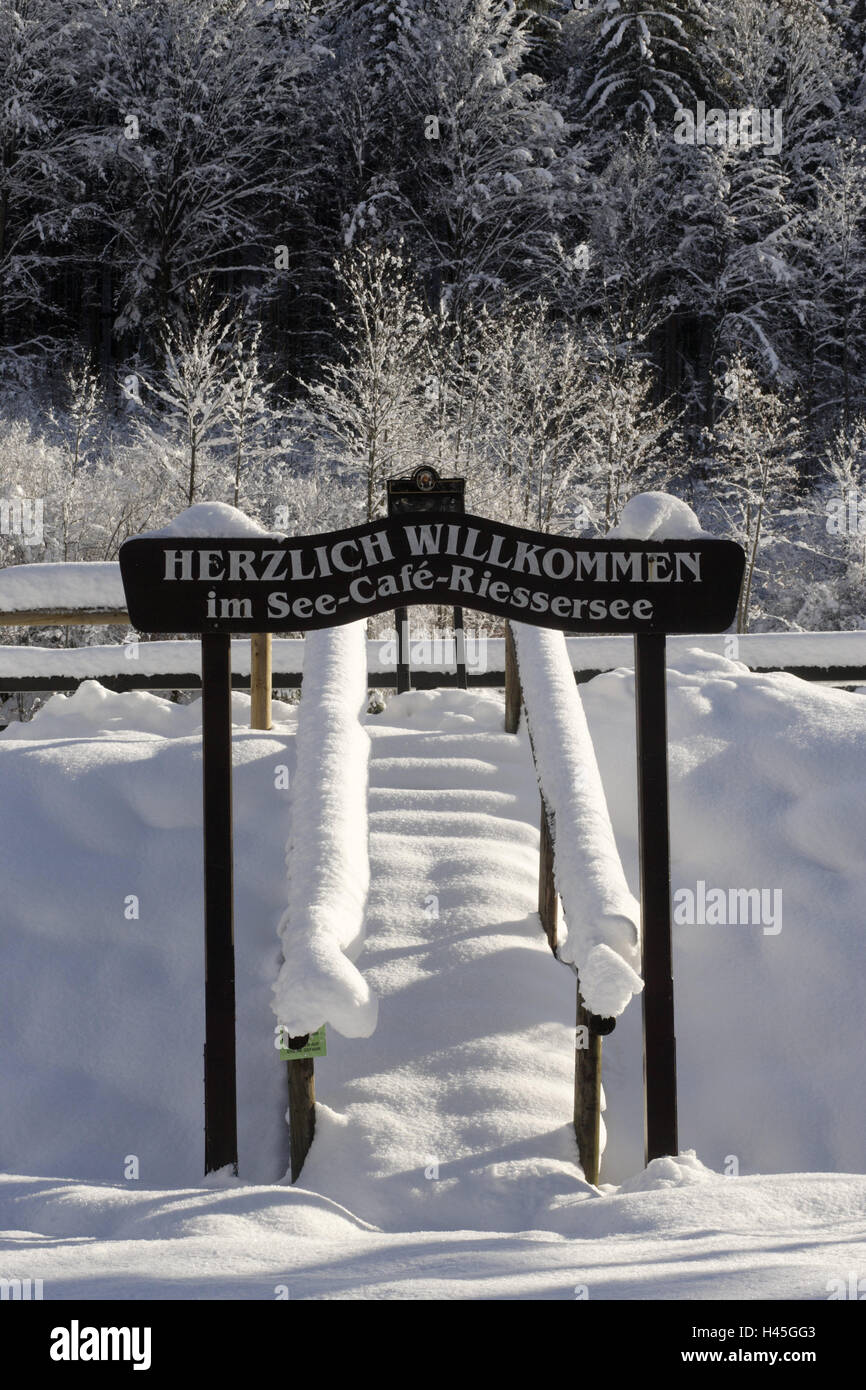 Germany, Bavaria, Garmisch-Partenkirchen, Riessersee, sign, input, sea cafe, winter, Upper Bavaria, Werdenfels, destination, bar, cafe, restaurant, stairs, railing, banister, Wooden sign, greeting, welcome, wood, trees, snowy, fresh snowfall, seasons, holiday resort, resort, snow, cold, Idyll, rest, silence, wintry, sunny, nobody, Stock Photo