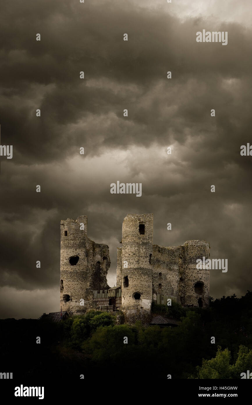France, Auvergne, Haute-Loire, Domeyrat, Chateau de Domeyrat, stormy atmosphere, Stock Photo