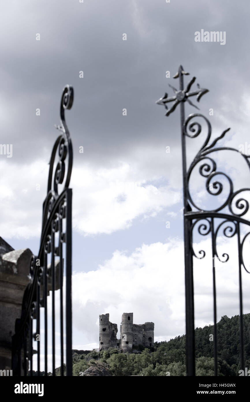France, Auvergne, Haute-Loire, Domeyrat, Chateau de Domeyrat, iron gate, opened, blur, Stock Photo