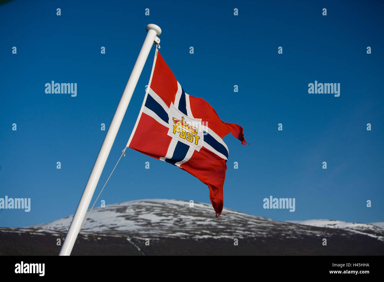 Norway, Finnmark, Söröysund, Hurtigruten (ships), 'MS Kong Harald', postal flag, Stock Photo