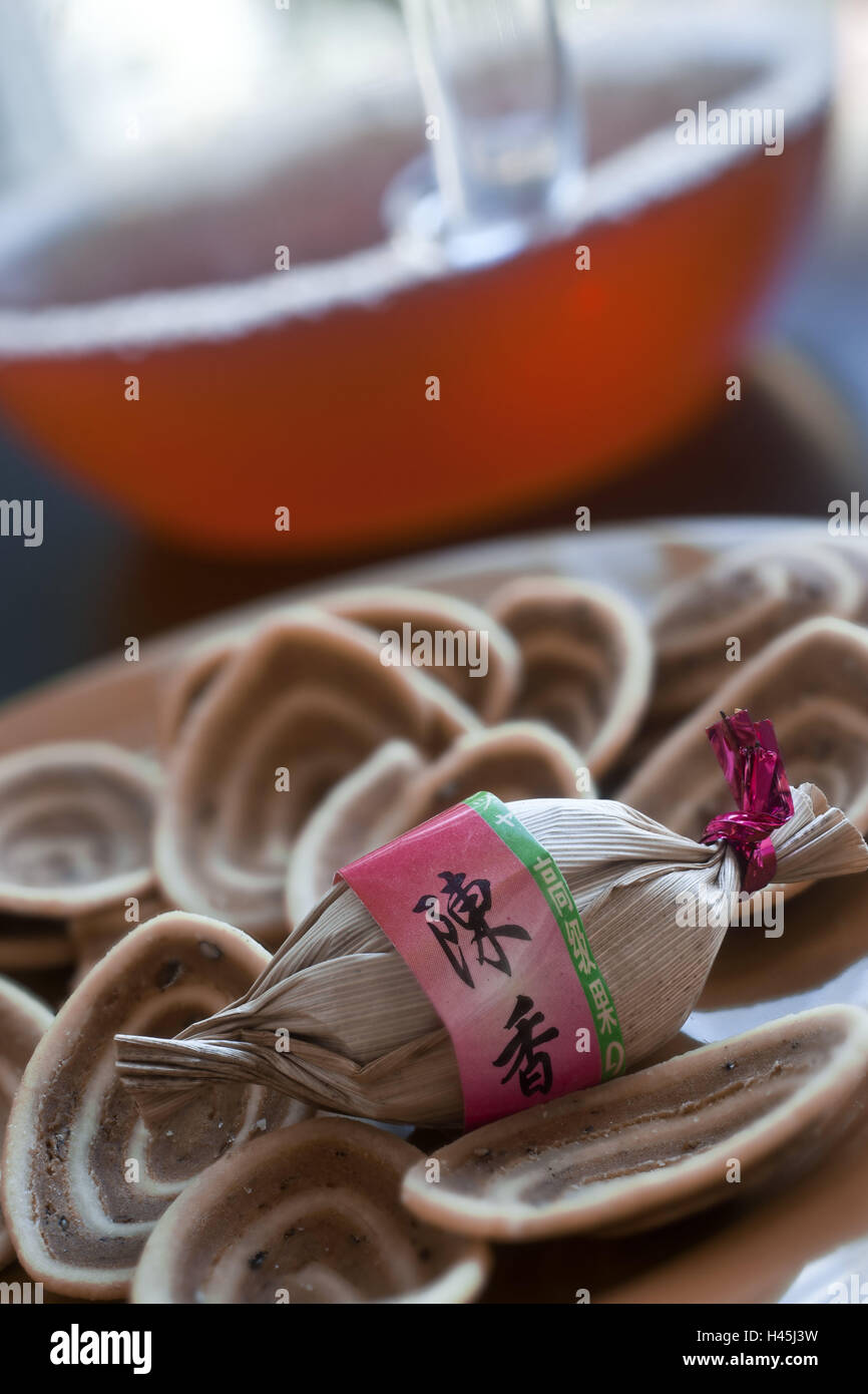 Olive, food, hors-d'oeuvre, in Chinese, Kanji, figures, tea, teapot, cake, Asian, Stock Photo