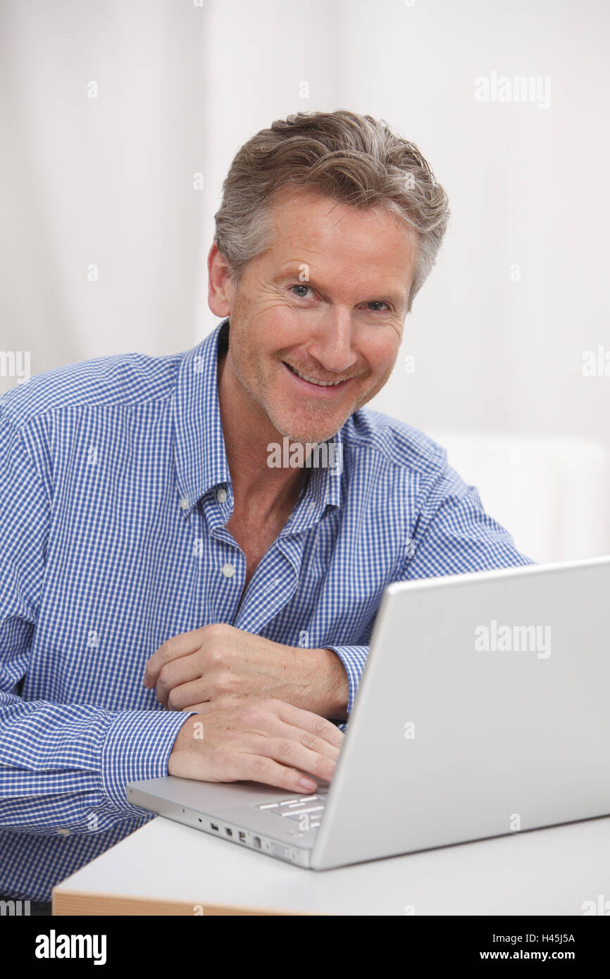 Man, 50 +, computer, work, flat, Stock Photo
