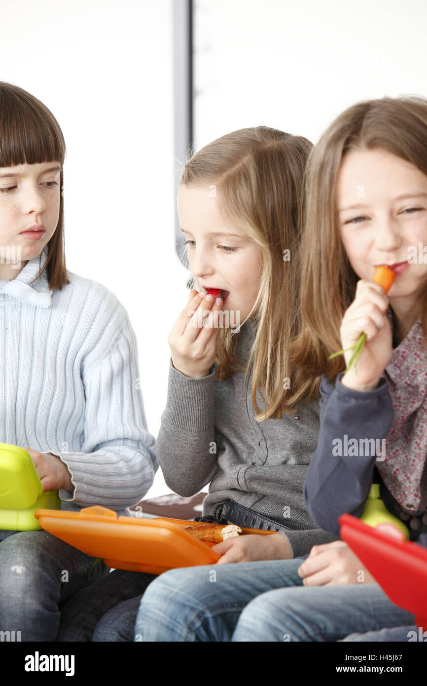 Children, elementary school, break, snack, together, Stock Photo