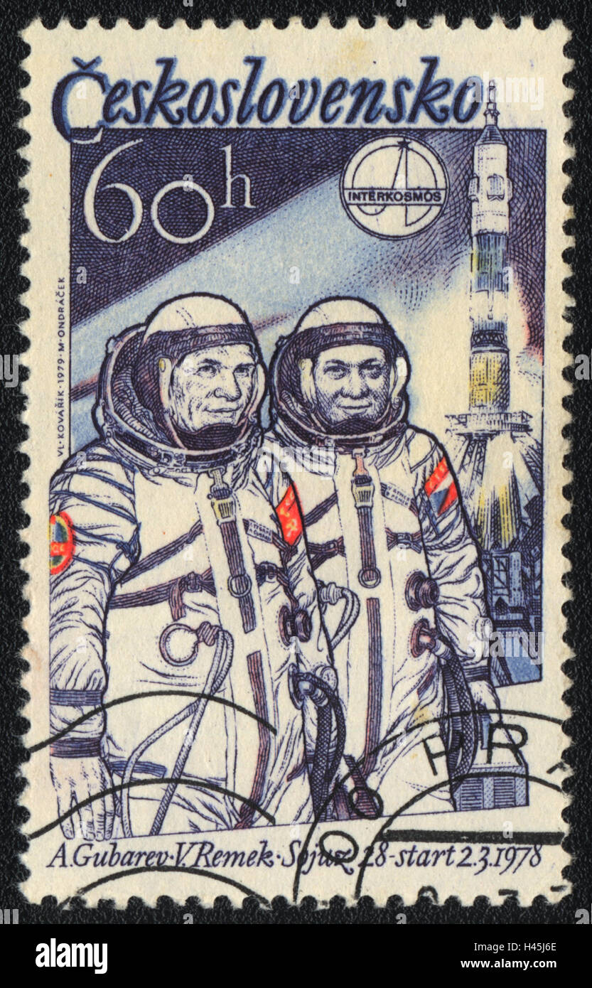 A postage stamp printed in Czechoslovakia,  shows Two space-suited astronauts Gubarev and Remek 1978, 1979 Stock Photo