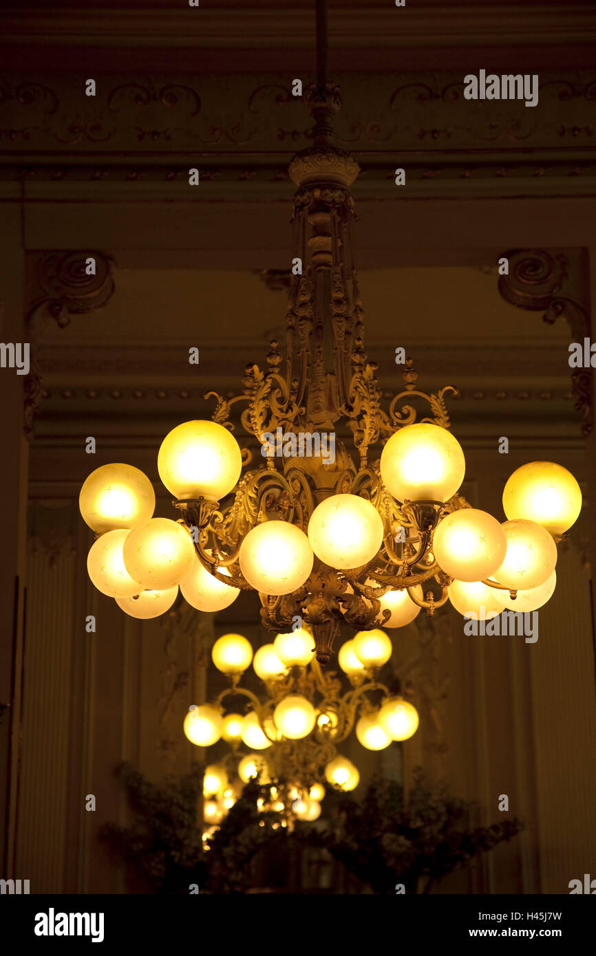 Austria, Vienna, Demel, chandelier, hang, lamp, nostalgic, gastronomy, interior shot, coffee house, confectionery, tradition, opulently, admirably, Europe, lighting, candlestick, Stock Photo