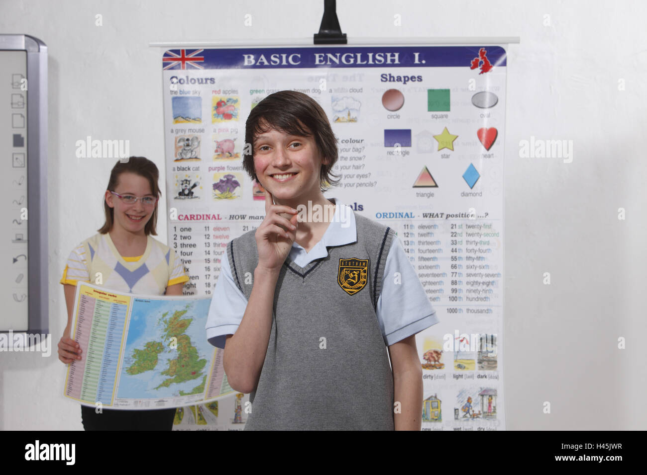 Schoolboys, teaching poster, English, stand Stock Photo Alamy